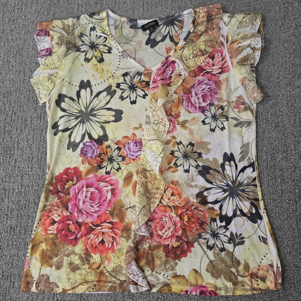 Cal Style USA XL Floral Lace Ruffle Top Cottagecore Boho Mesh Y2K